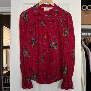 Anthropologie Maeve Fredricka Red Button-Down Blouse Floral & Birds Size 8